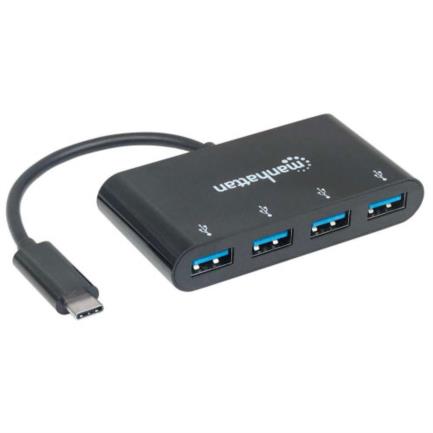 HUB USB C MANHATTAN 162746, USB C, Negro, 4 puertos